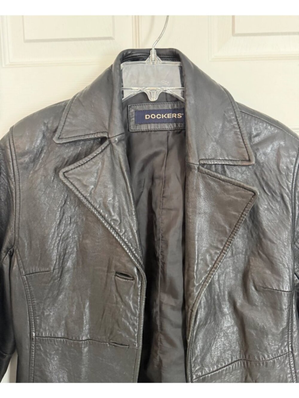 Vintage Dockers Black Leather Button Down Jacket Blazer Coat NO Buttons Women Sm - Picture 2 of 6